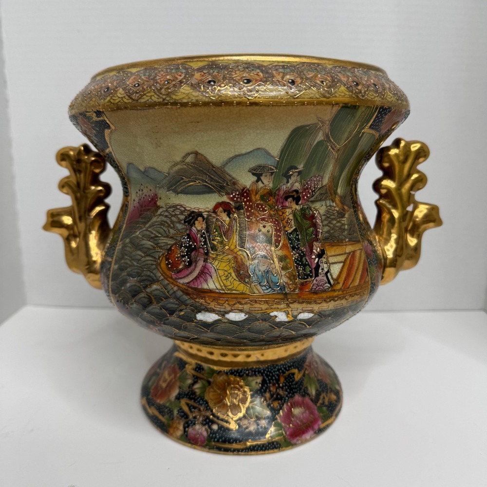Vintage Japanese Satsuma Moriage Urn Vase Geisha Boat Scene Gold Gilt 7in